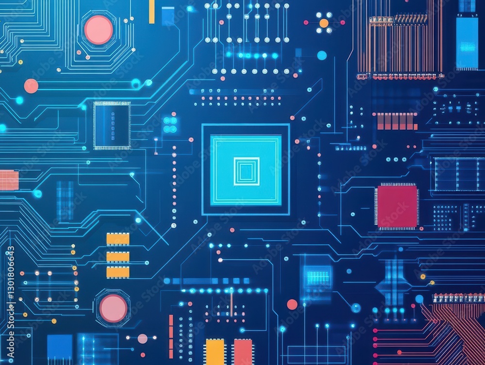 Poster vibrant blue background with intricate circuit patterns illustrating technology and innovation in di
