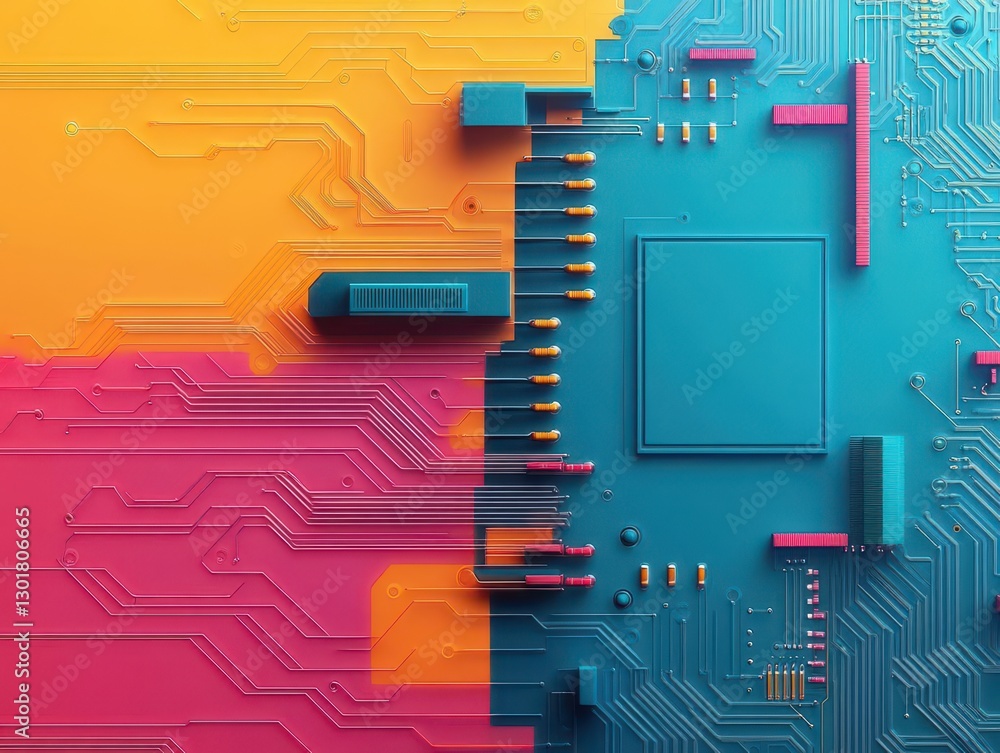 Poster vibrant computer circuit board featuring colorful wiring and intricate patterns creating a dynamic a
