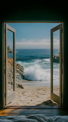 Fototapeta premium Photo Ocean View Beach House Open Doors Coastal Living Waves Relaxation Travel