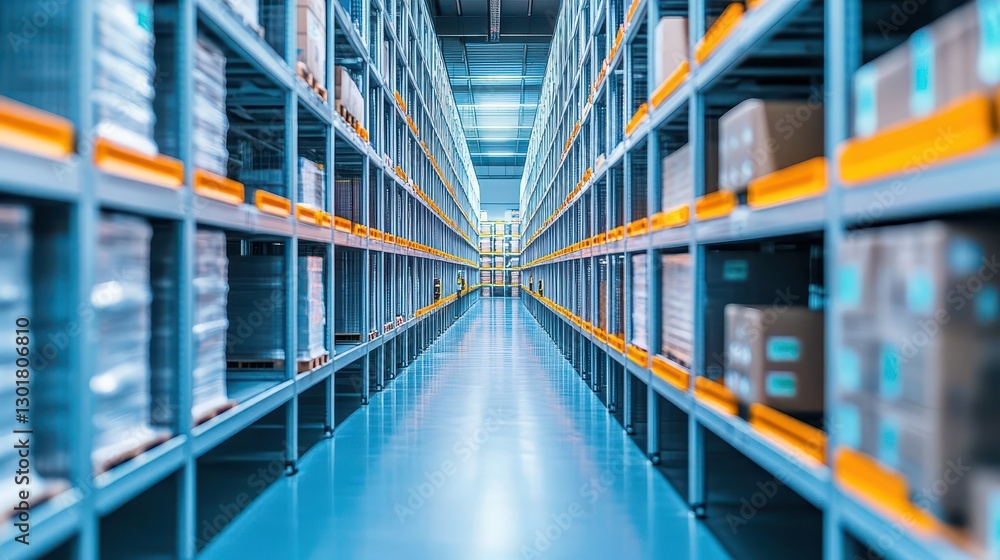 Poster long hallway featuring rows of high-tech servers illuminated by soft blue lighting creating a modern