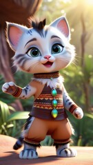 Kitten in Aboriginal Costume: "A 3D rendering of a kitten with big expressive eyes, dressed in Australian Aboriginal costume, poses in front of colorful Australian nature.