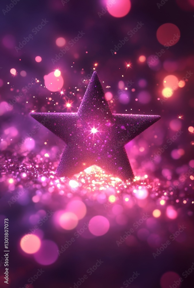 Poster glimmering purple star surrounded by sparkling light and colorful bokeh on shimmering background for
