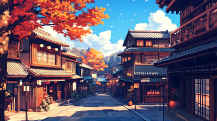 Fototapeta premium Illustration - Autumn Street Japan Town Architecture Building Sky Clouds Fall Trees