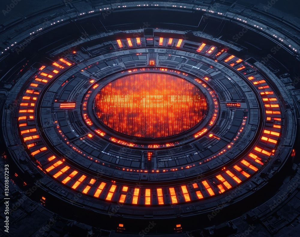 Poster futuristic circular interface with orange lights and digital display