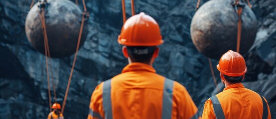 Construction Workers Overseeing Heavy Machinery at Job Site