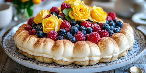 Photo Dessert Cake Raspberries Blueberries Yellow Roses Food Sweet Treat