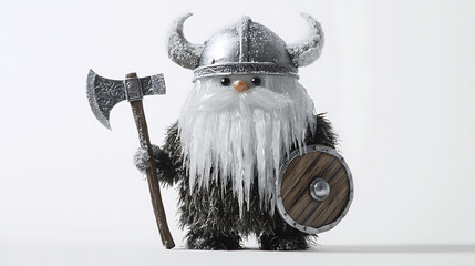 Festive Christmas Viking Snowman Ornament Holding an Axe and Shield Against White Background