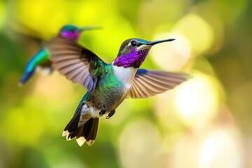 Fototapeta premium Two hummingbirds in flight, one in sharp focus, showcasing vibrant plumage against a blurred green background.