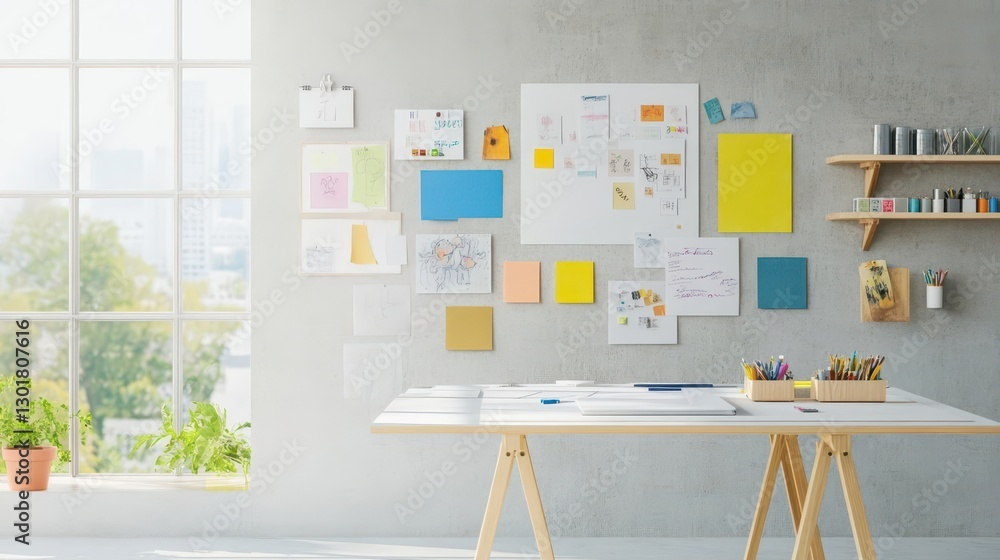 Poster a vibrant and organized workspace featuring an array of colorful sticky notes on a desk surrounded b