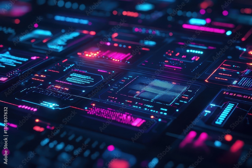 Poster futuristic interface displaying glowing neon elements in a high-tech environment emphasizing innovat
