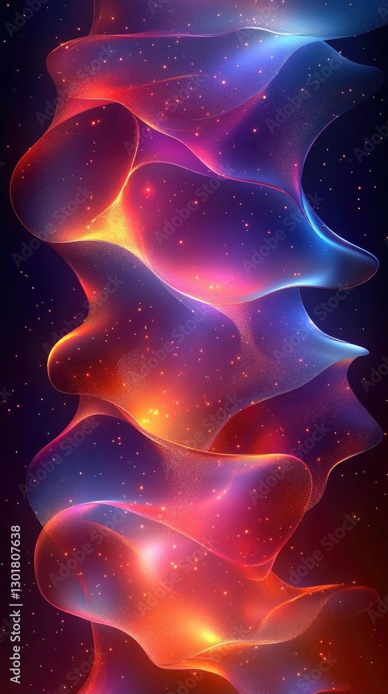 Poster abstract colorful wave patterns with glowing effects against a dark backdrop, creating a dreamy atmo