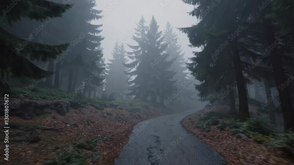 Poster misty forest road in autumn with towering pine trees, serene and mysterious atmosphere
