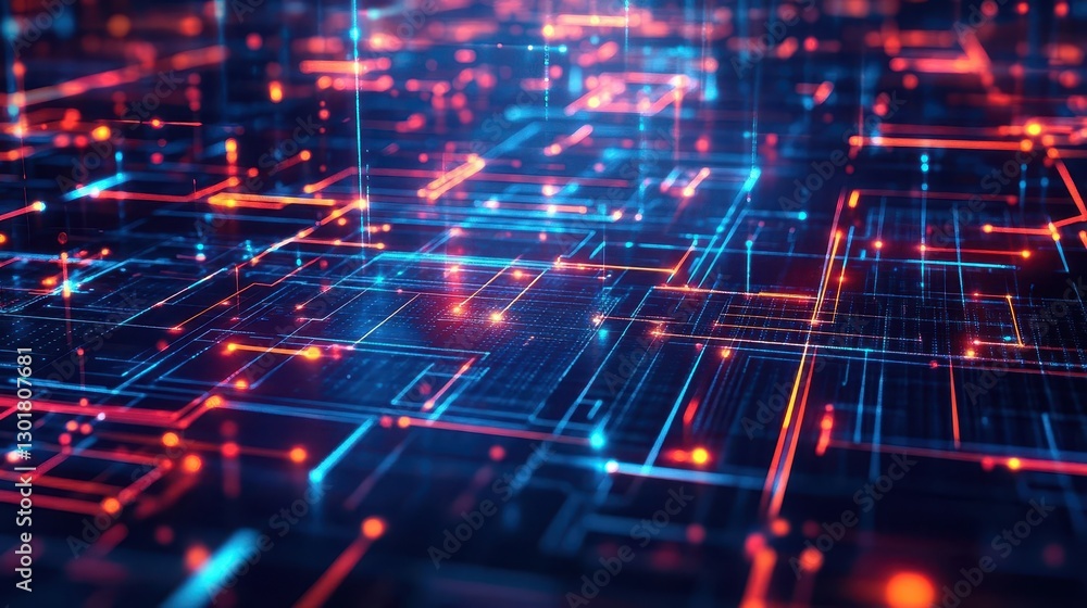 Poster Intricate Computer Circuit Board Design Featuring Glowing Lines and Dots Creating a Futuristic and Dynamic Atmosphere in Technology and Innovation