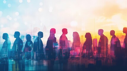 Silhouettes of Diverse People Against a Vibrant City Skyline at Dusk Creating a Sense of Community and Urban Life in a Modern Metropolis