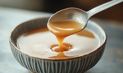 Golden Honey Dripping from Spoon into a Ceramic Bowl Capturing the Natural Sweetness and Rich Texture of Freshly Harvested Honey