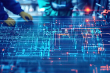 Intricate Blueprinted Circuit Board with Skilled Hand Engaged in Precision Work Highlighting Technology Innovation and Craftsmanship in Electronics Field