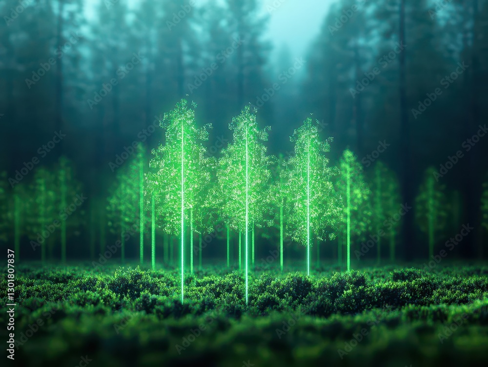 Poster Lush Green Forest with Towering Trees and Sunlight Filtering Through Leaves Creating a Tranquil and Inviting Natural Environment in the Woods