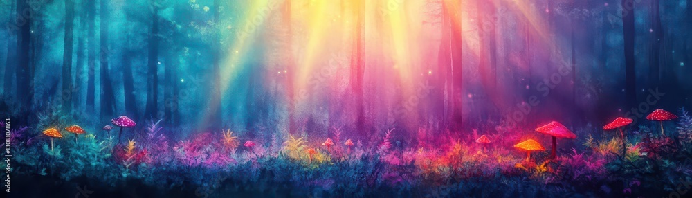 Poster enchanting forest scene with rainbow colored light streaming from above illuminating lush green foli