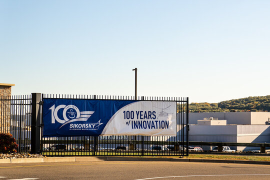 Stratford, Connecticut - Oct. 17, 2024: Signage at Gate 1 for Sikorsky, A Lockheed Martin Company, 100 Years of Innovation.