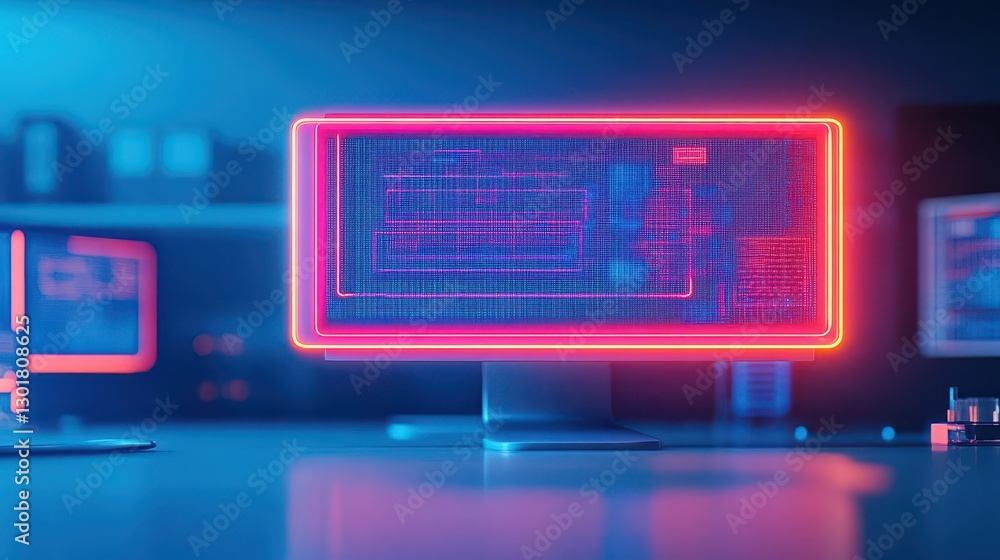 Poster vibrant neon lights emitting from a computer screen creating a futuristic atmosphere with bold blue 
