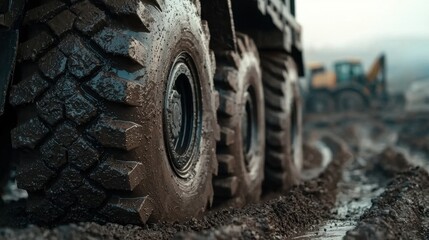 Heavy machinery tires in muddy terrain during construction site work