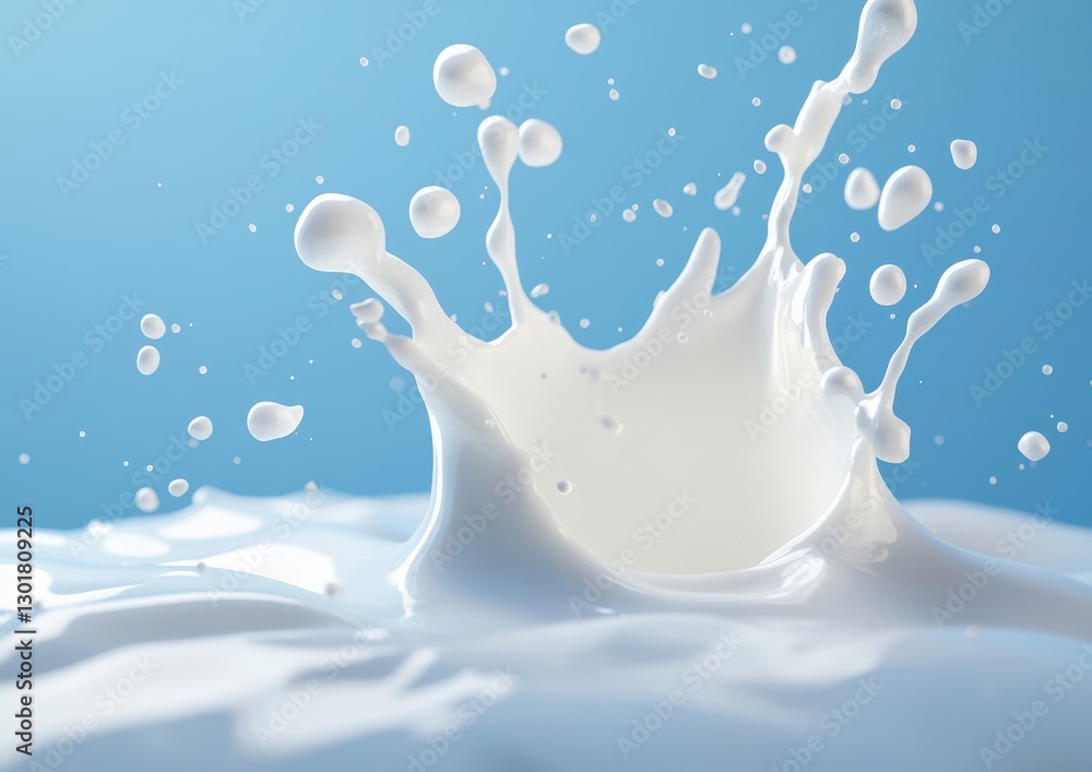 Poster high-resolution image of vibrant milk splash on light blue background with dynamic water droplets an