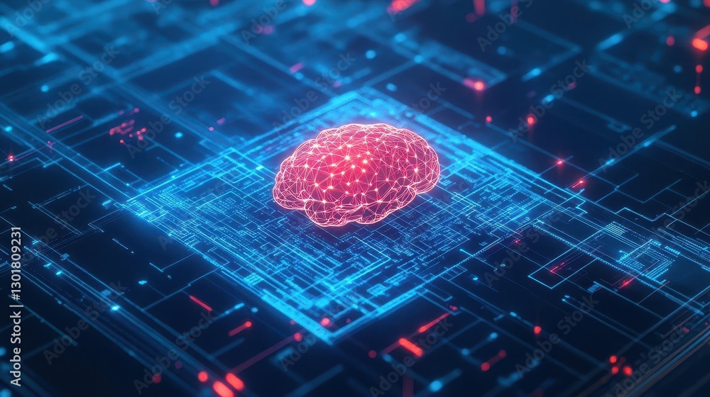 Poster intricate representation of a brain merging with circuitry set against a futuristic circuit backgrou