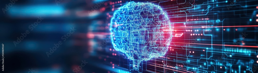 Poster intricate digital representation of human brain displayed on modern computer screen highlighting tec