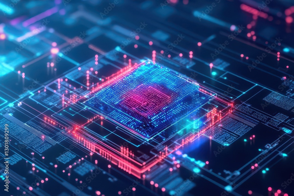Poster intricate computer chip embedded on a detailed circuit board showcasing advanced technology and inno