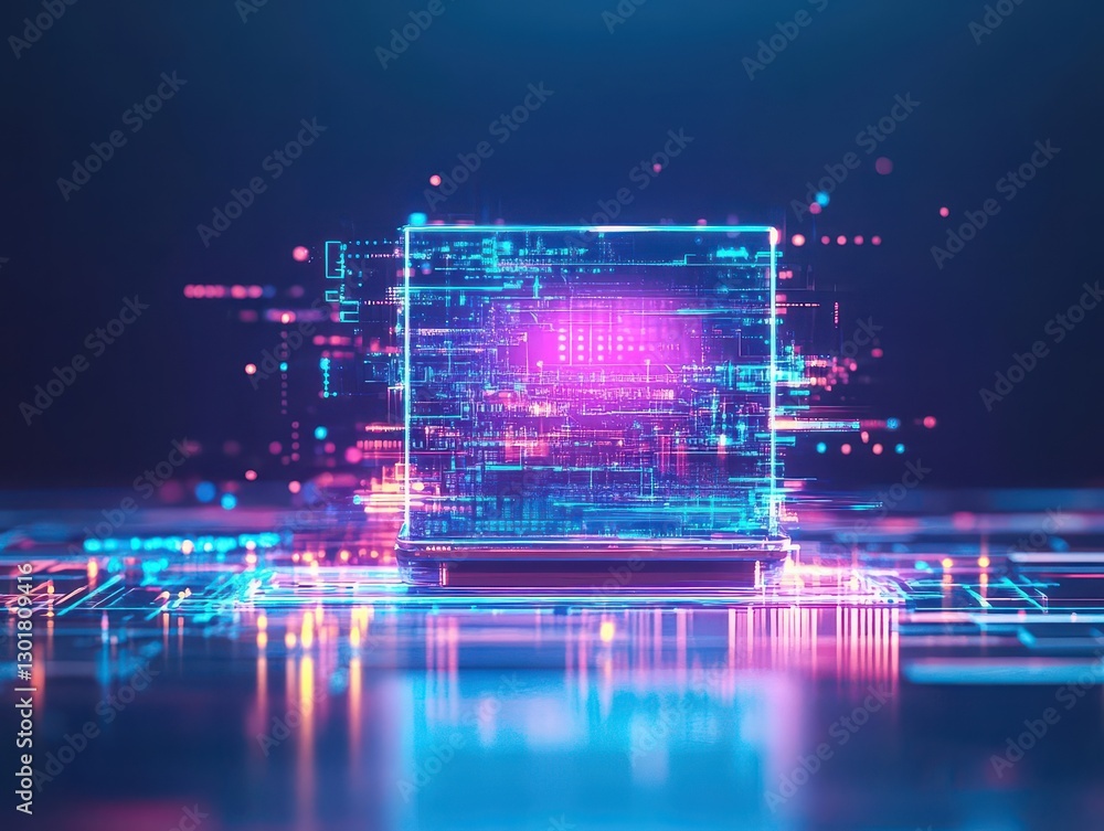 Poster Futuristic Computer Circuit Board Featuring Glowing Blue and Pink Elements Illuminating Intricate Pathways Creating a High-Tech Digital Atmosphere