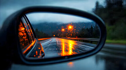 Illustration - Rainy Night Drive Reflection Orange Lights Road Trip Car Mirror