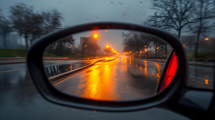 Photo-Rainy Night Drive Reflection, City Street Lights, Wet Asphalt