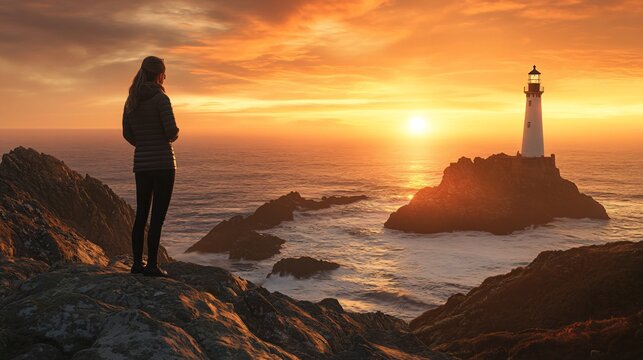 Serene Woman Admiring Faro Cabo Vilano Cape Vilan Lighthouse View on Cliff