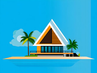 Obraz premium Illustration Tropical Island Getaway Beach House Ocean Palm Trees Clouds Sky