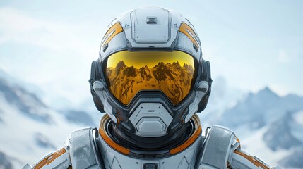 Futuristic Astronaut in Orange and Silver Suit Against Mountain Landscape