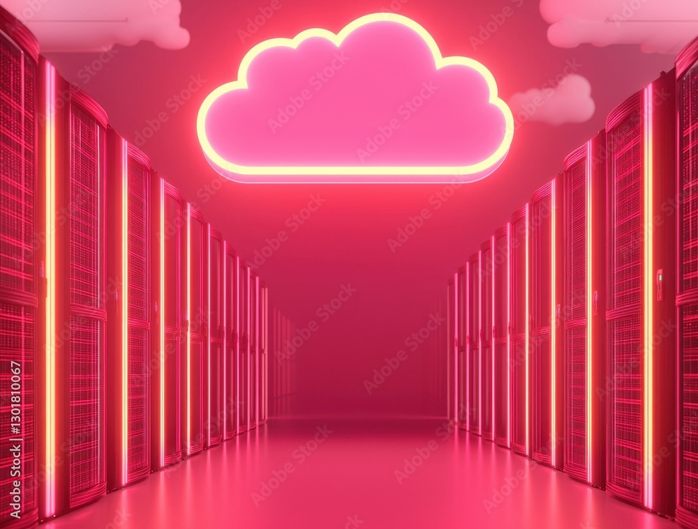 Poster futuristic data center with neon cloud symbol and server racks