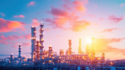 Obraz premium Dramatic Oil Refinery Silhouetted Against a Vibrant Sunset Sky with Fiery Hues Reflecting a Blend of Industrial Power and Natural Beauty