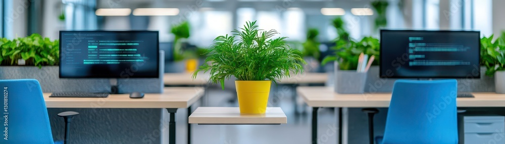 Poster modern workspace featuring sleek computers surrounded by lush green plants creating a fresh and invi
