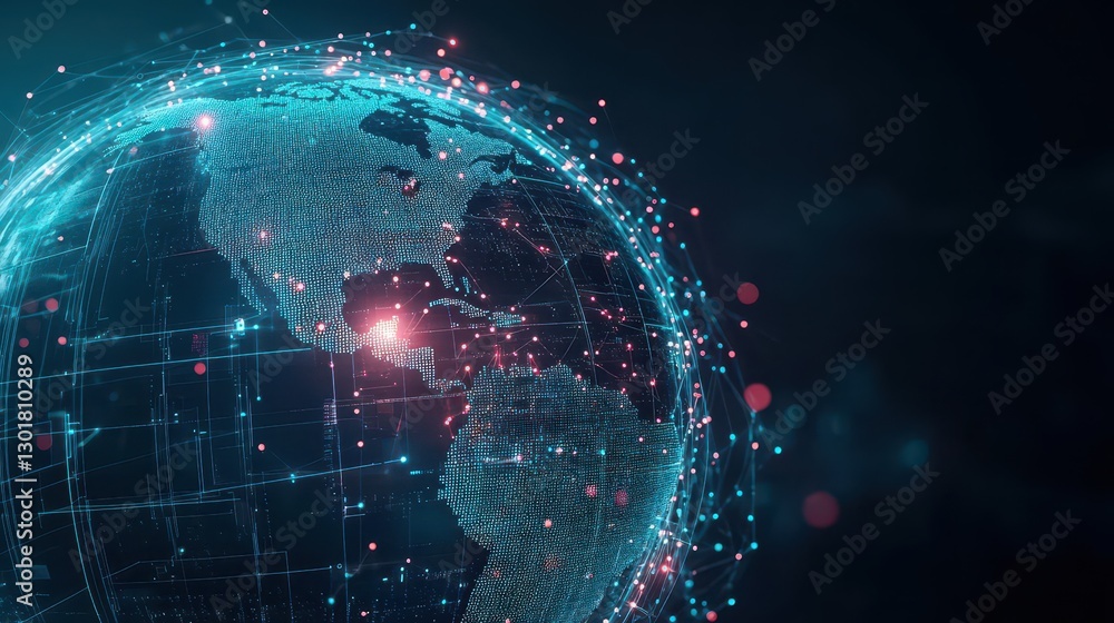 Poster a global network visualization featuring a globe surrounded by interconnected dots representing data