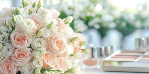A bouquet of fresh flowers on a female makeup dressing table. Women's holiday morning, congratulations, femininity