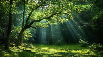 Fototapeta premium Sunlit Forest Scene: Luminous Rays Illuminating a Summer Woodland AI Generated