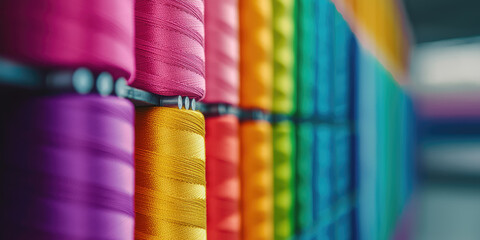 Colorful thread rolls in rows. Bright colors Stacks of thread bobbins in textile factory. 
