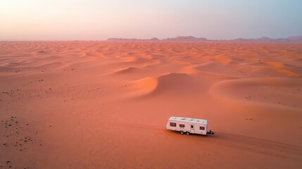 Obraz premium A Scenic White R V Parked Amidst the Vast and Arid Desert Landscape Under a Bright Blue Sky Evoking a Sense of Adventure and Exploration