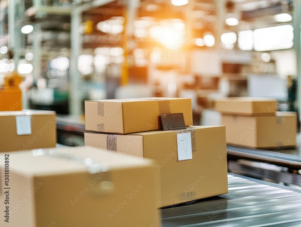 Poster industrial factory scene with boxes on conveyor belt illustrating efficient production process in a 