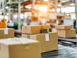 Industrial Factory Scene with Boxes on Conveyor Belt Illustrating Efficient Production Process in a Modern Manufacturing Environment