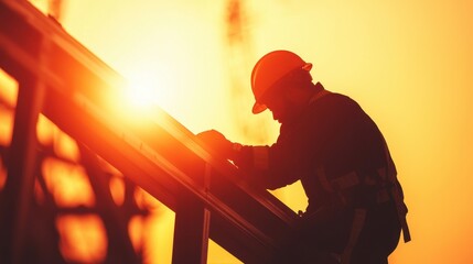Fototapeta premium Silhouette of Worker at Sunset on Construction Site with Helmet