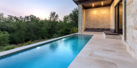 Country contemporary cottage exterior with outdoor pool. Pool with underwater evening seating. Pool lighting.