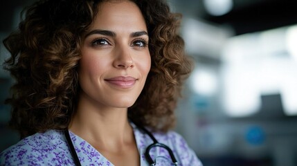 Fototapeta premium Confident healthcare professional in scrubs with stethoscope in a modern clinic setting
