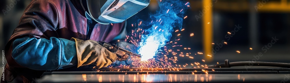 Poster skilled welder engaged in precision metal fabrication with bright sparks and focused expression unde