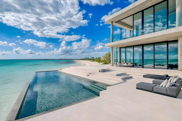 Obraz premium Photo Luxury Oceanfront Villa Pool, Beach, Clouds, Sky, Architecture, Travel, Vacation, Summer, Real Estate